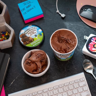 A Pint of Chocolate Fudge Brownie with a keyboard